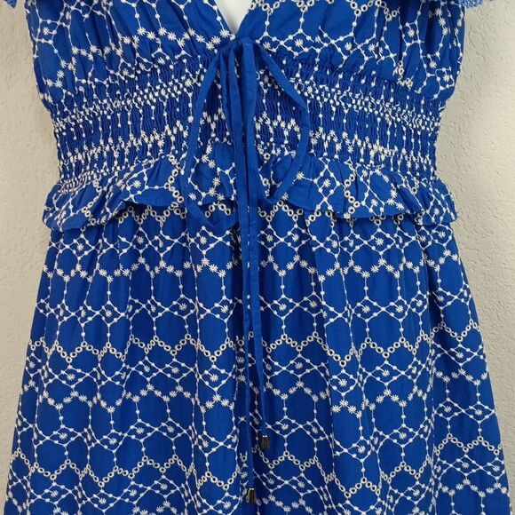 O.p.t Women Blue / White Tiered Maxi dress with V Neckline and Flutter Sleeves L - Picture 5 of 16